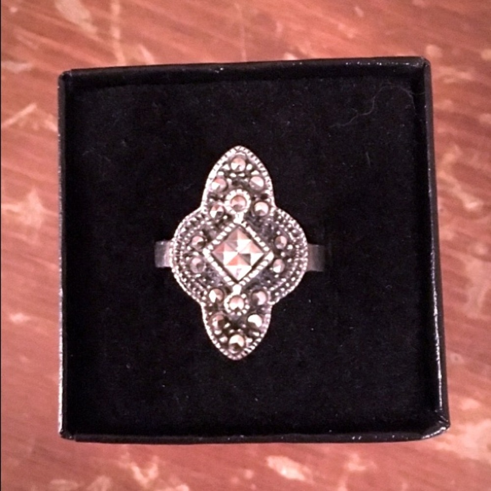 Ring MARCASITE 925 Sterling Vintage Silver Black Gray 7.5 - Picture 2 of 4